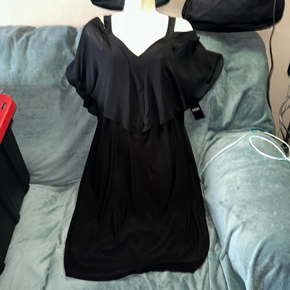 MSK black cold shoulder stretchy lined midi dress size 12 New